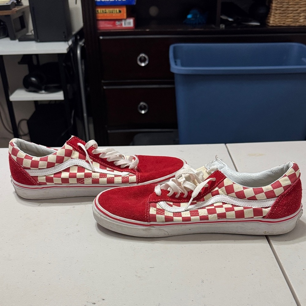 Vans Men’s Red and White Checkered Sneakers - Picture 3 of 5